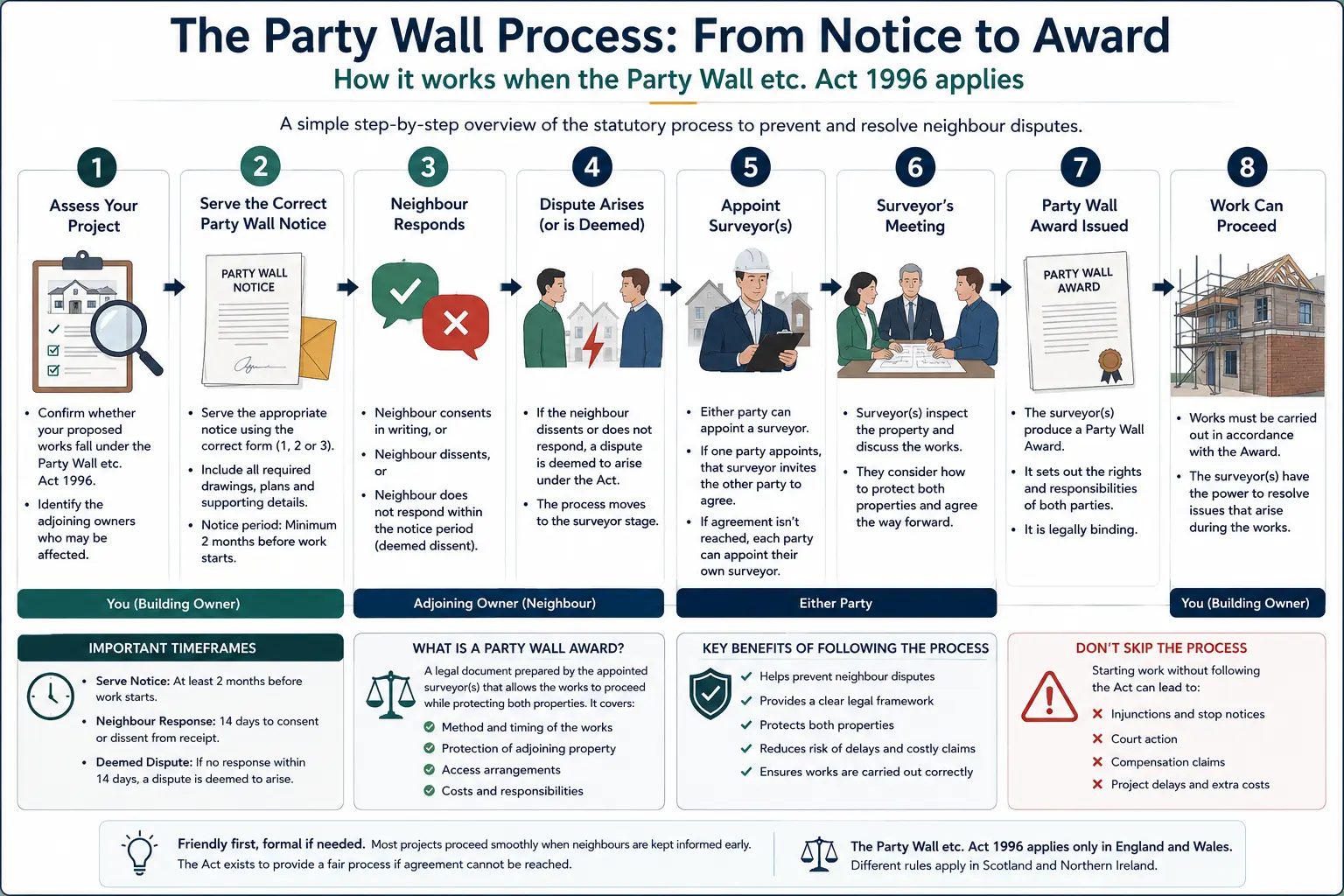 Do I Need a Party Wall Agreement? An infographic showing the party wall process from notice to award in a very interactive way for the citizens living in Colchester, UK
