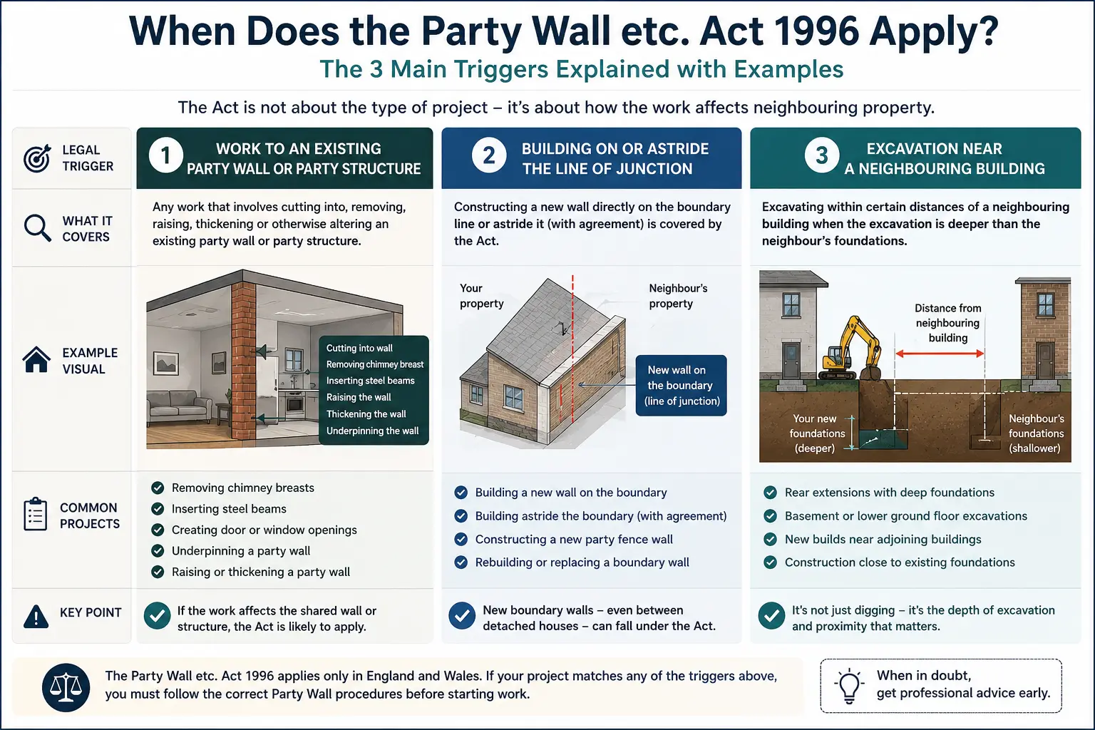 Do I Need a Party Wall Agreement? An infographic showing when does the party wall etc act 1996 apply like excavation, junction, painting, in Colchester, UK
